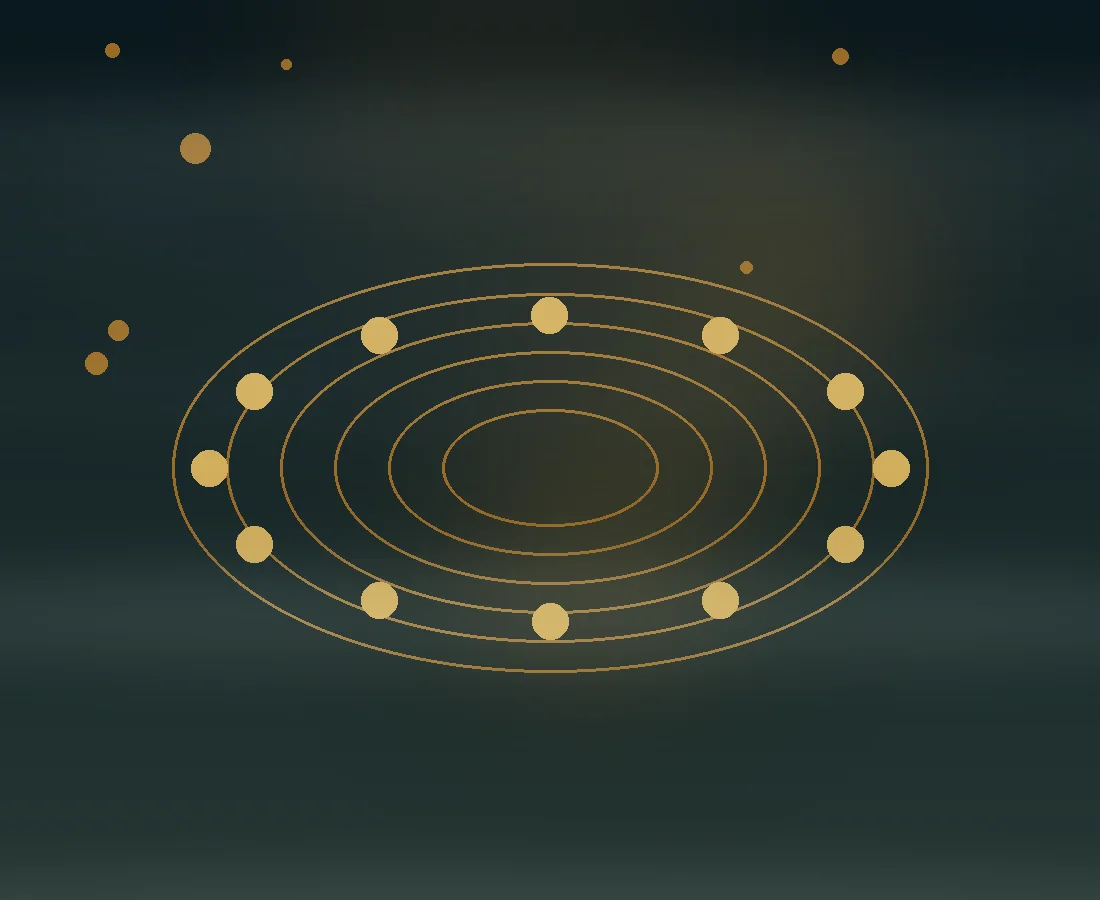 Segnali circolari astratti in un ambiente nebbioso